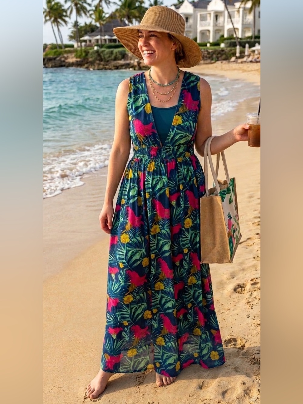 America & Beyond sleeveless maxi dress botanical tropical floral jumper size L
